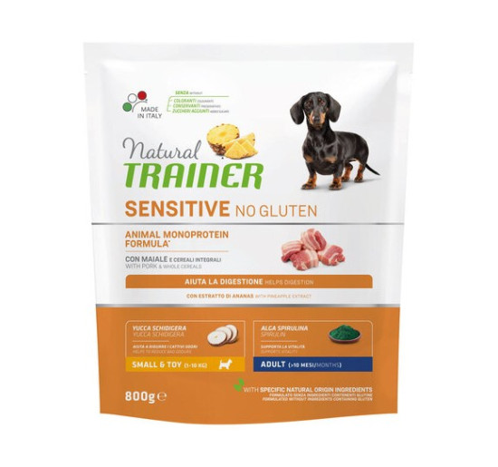 Natural trainer sensitive no gluten small e toy con maiale e cereali integrali gr 800