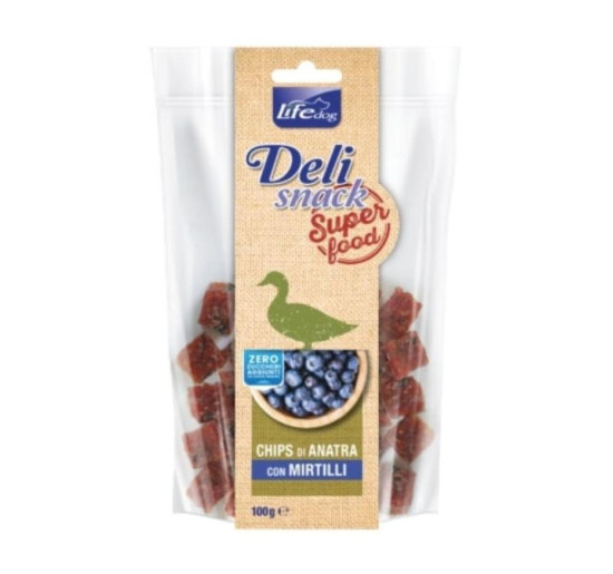 Life dog deli snack chips di anatra con mirtilli gr 100